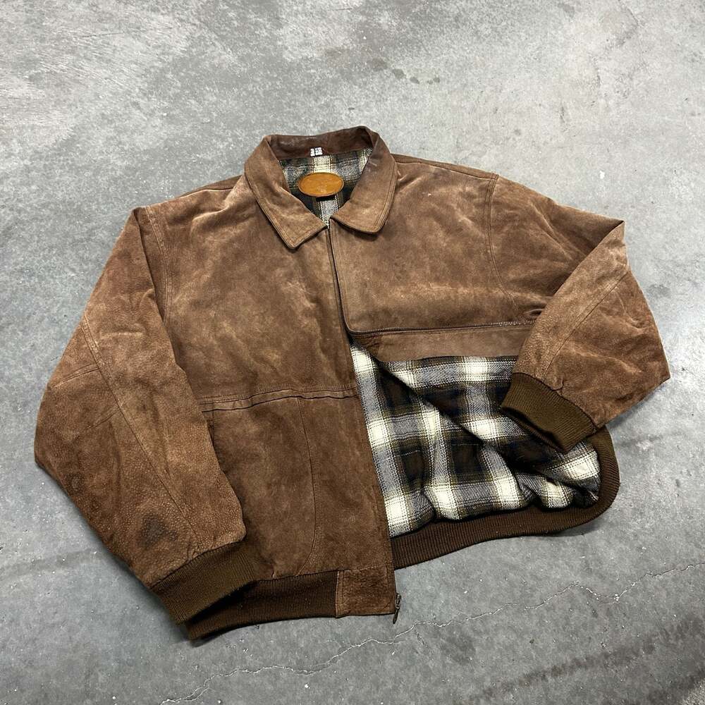 Field & Stream Men's Brown Suede Leather Bomber Jacket with Plaid Lining Size XL